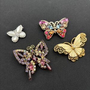 Vintage Butterfly Brooch Lot Rhinestone Enamel Mixed Colors 4pc READ